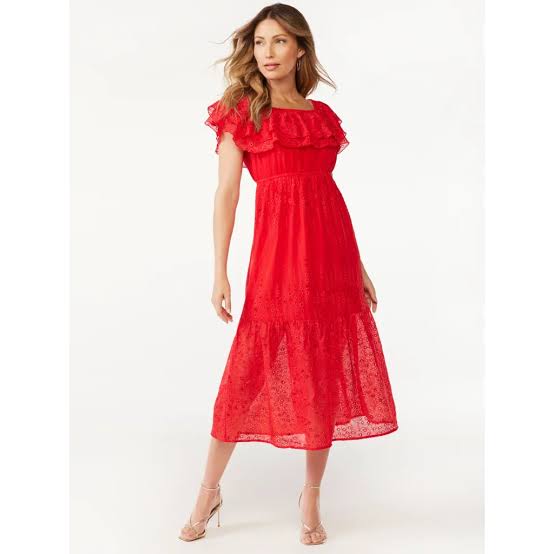 Red Broderie Anglaise Midi Dress with Ruffles — Tomato Girl Outfits 2027