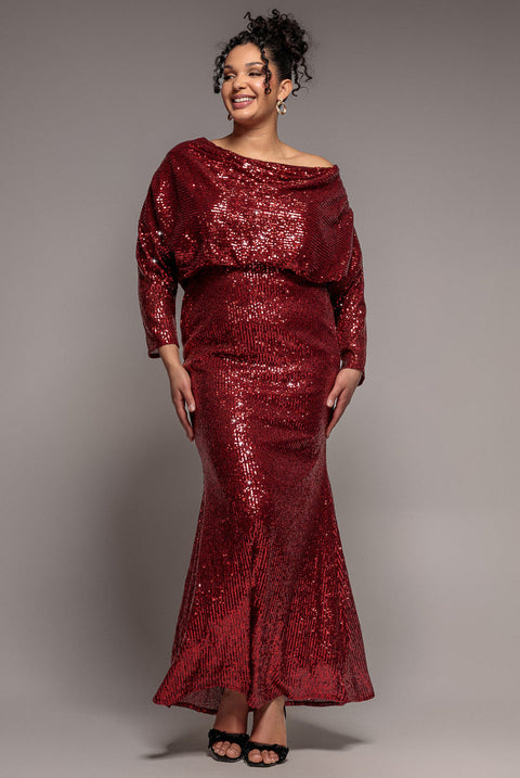 Red Sequin Mermaid Gown with Off-the-Shoulder Overlay Red Sequin Mermaid Gown with Off-the-Shoulder Overlay — Plus Size Wedding Guest Outfits 2027