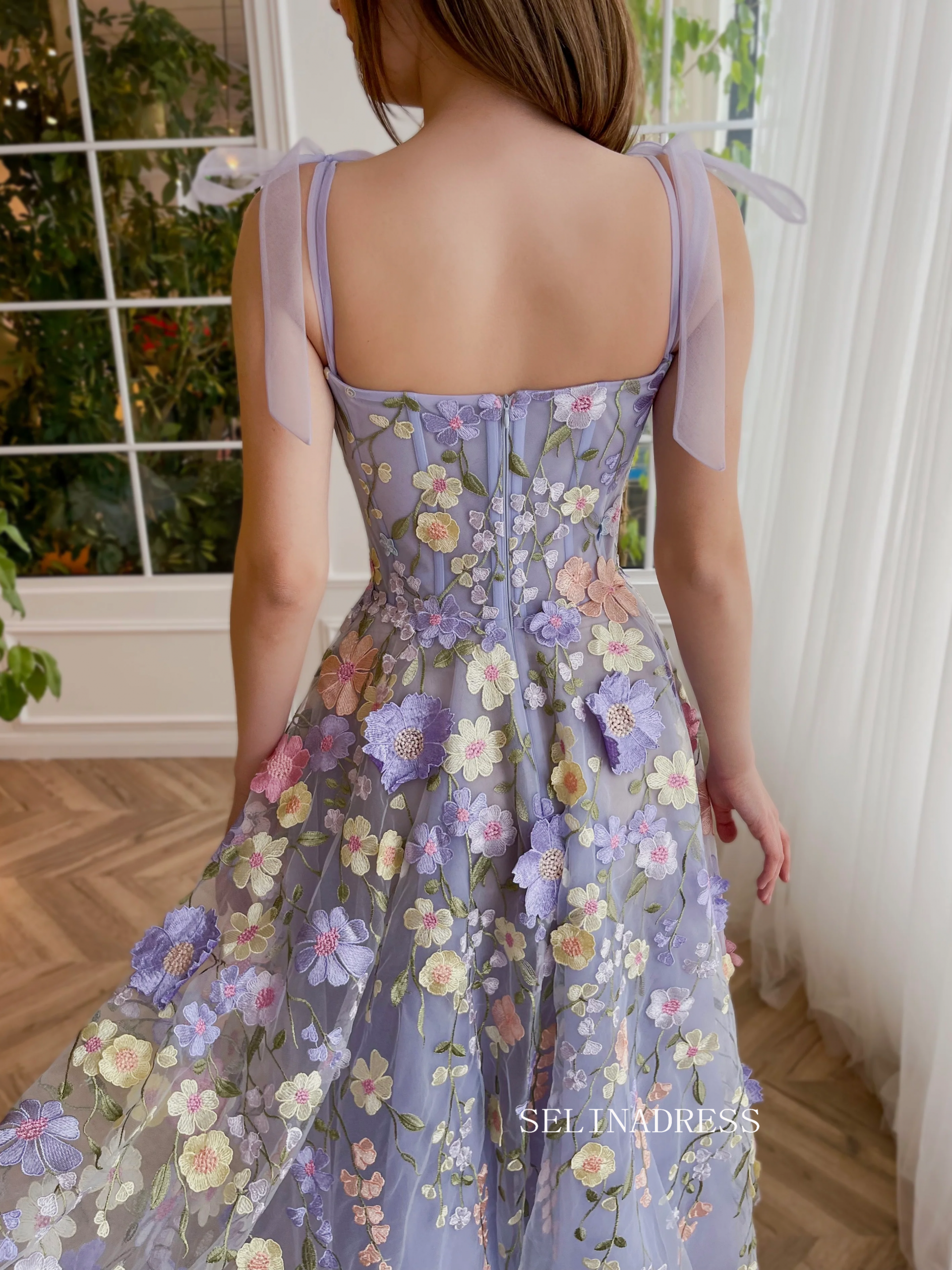 Lavender Tulle A-Line Dress with Multi-Color 3D Floral Accents — 3D Floral Outfits 2027