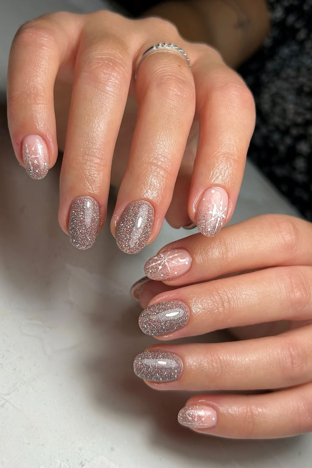 Short Oval Glitter and Snowflake Nails Short Oval Glitter and Snowflake Nails — Winter Formal Nails 2027