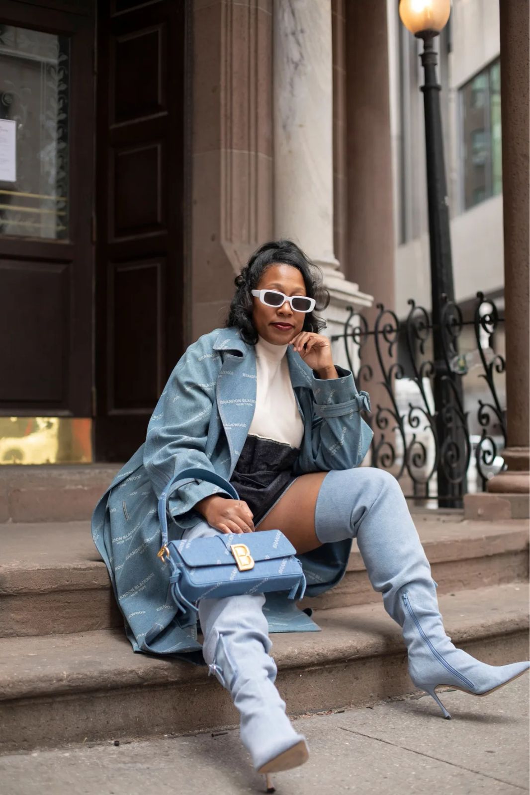 Denim Trench Coat and Boots with White Cat Eye Sunglasses — Cat Eye Sunglasses Outfits 2027