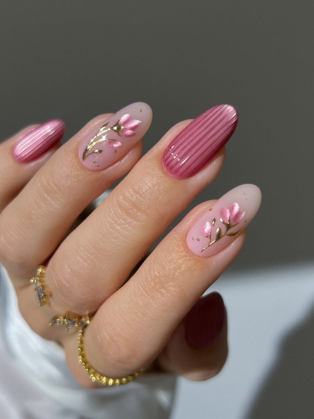 Sheer Pink Floral Ribbed Oval Nails Sheer Pink Floral Ribbed Oval Nails — Long Nails 2027