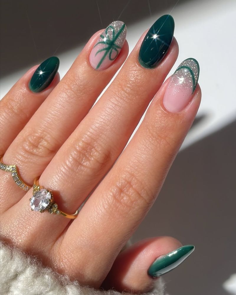 Forest Green with Glitter Bow Accent Forest Green with Glitter Bow Accent — Christmas Acrylic Nails 2026