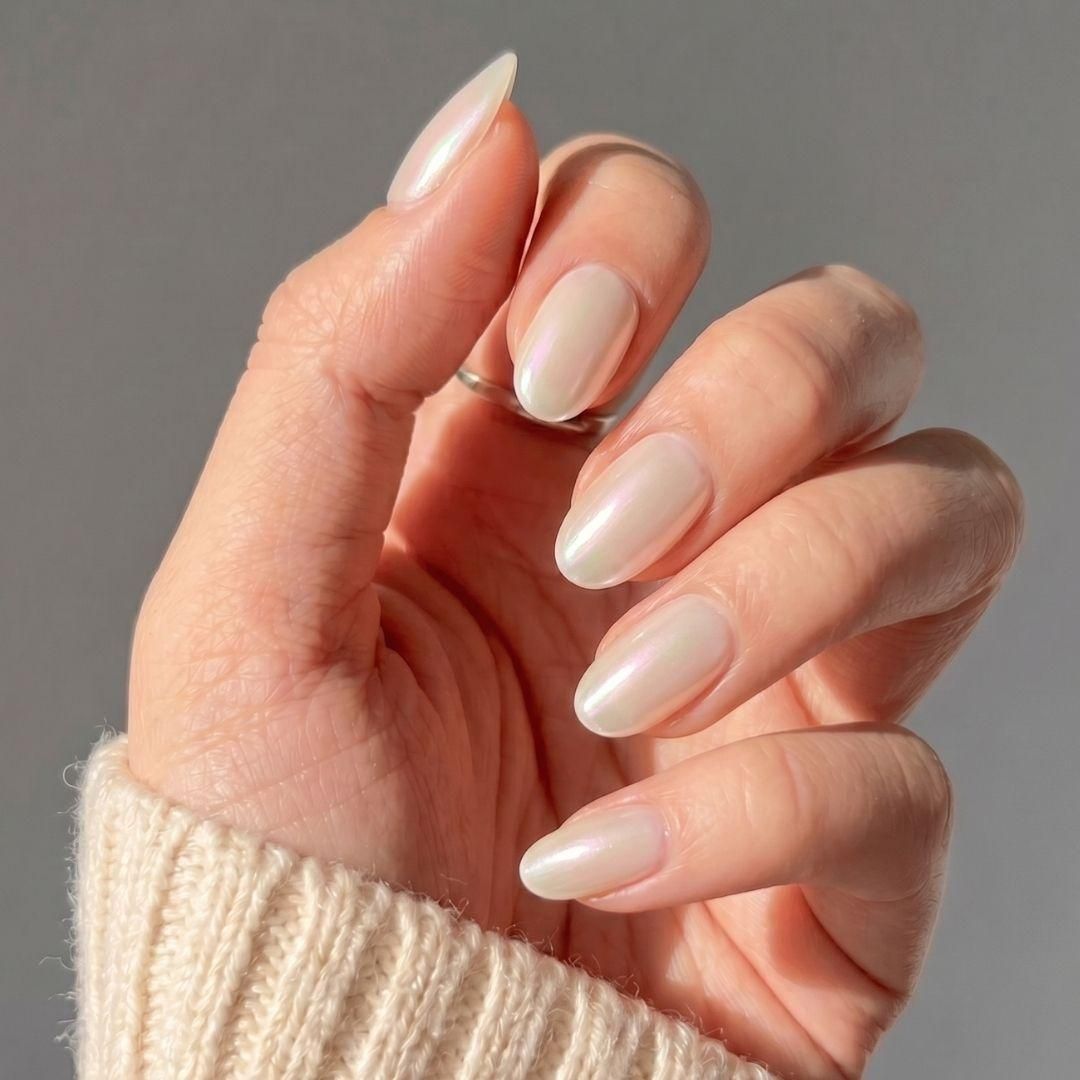 Milky White Pearlescent Shimmer Ovals — Pastel Oval Nails 2027