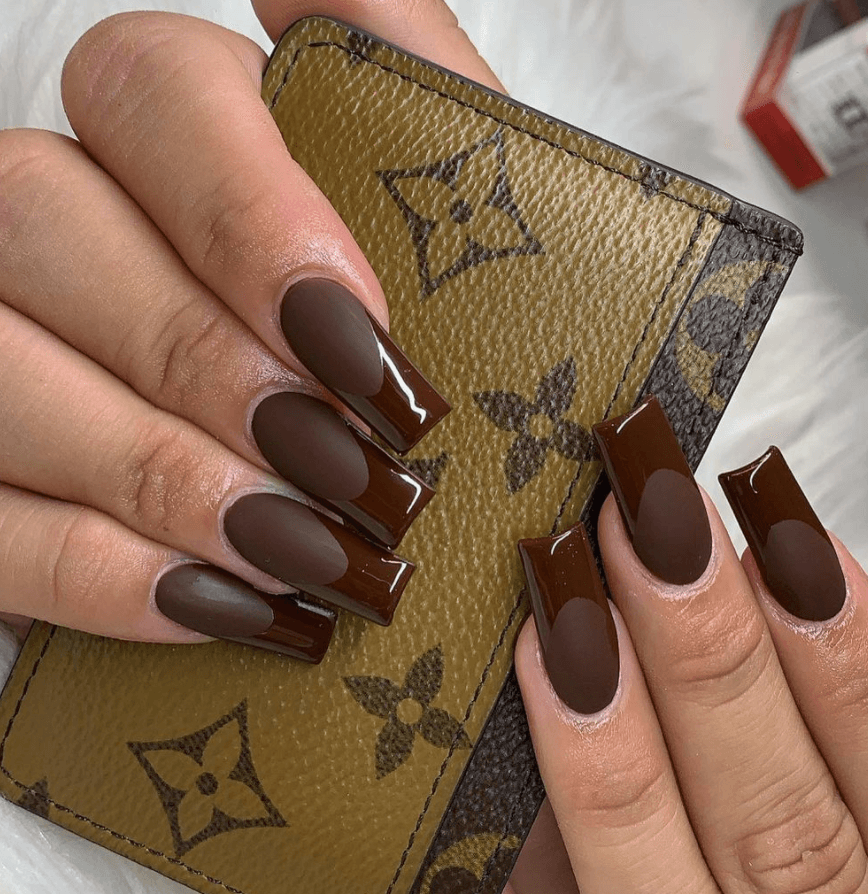 Matte Brown French Tips with Glossy Outline — Long Coffin Nails 2027