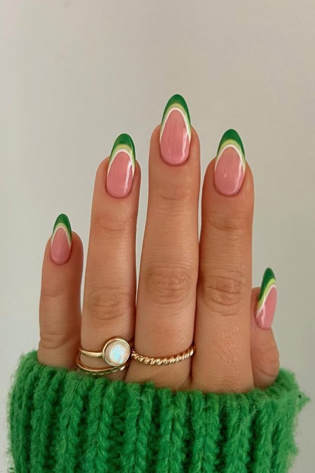 Green and White Double French Almonds Green and White Double French Almonds — Colored Double French Nails 2027