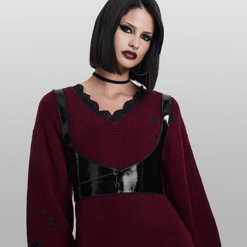 Burgundy Sweater with Lace Trim and Patent Harness Burgundy Sweater with Lace Trim and Patent Harness — Goth Lace Outfits 2027