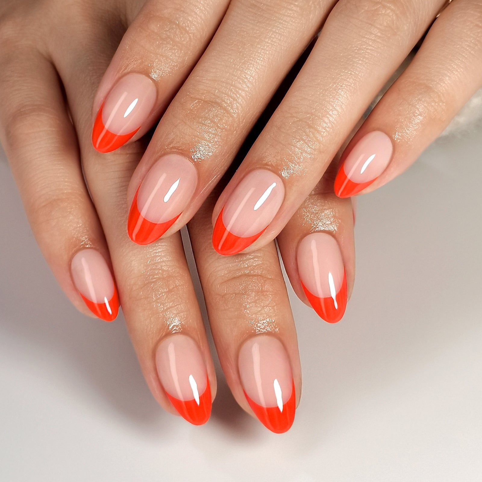 Opaque Coral French Tips on Short Almonds — Coral French Tip Nails 2027