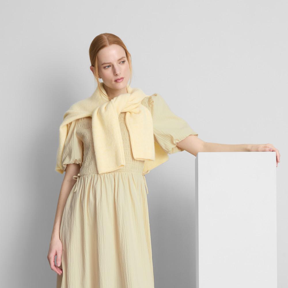 Pale Yellow Puff-Sleeve Midi Dress with Draped Sweater — Sip and See Outfits 2027
