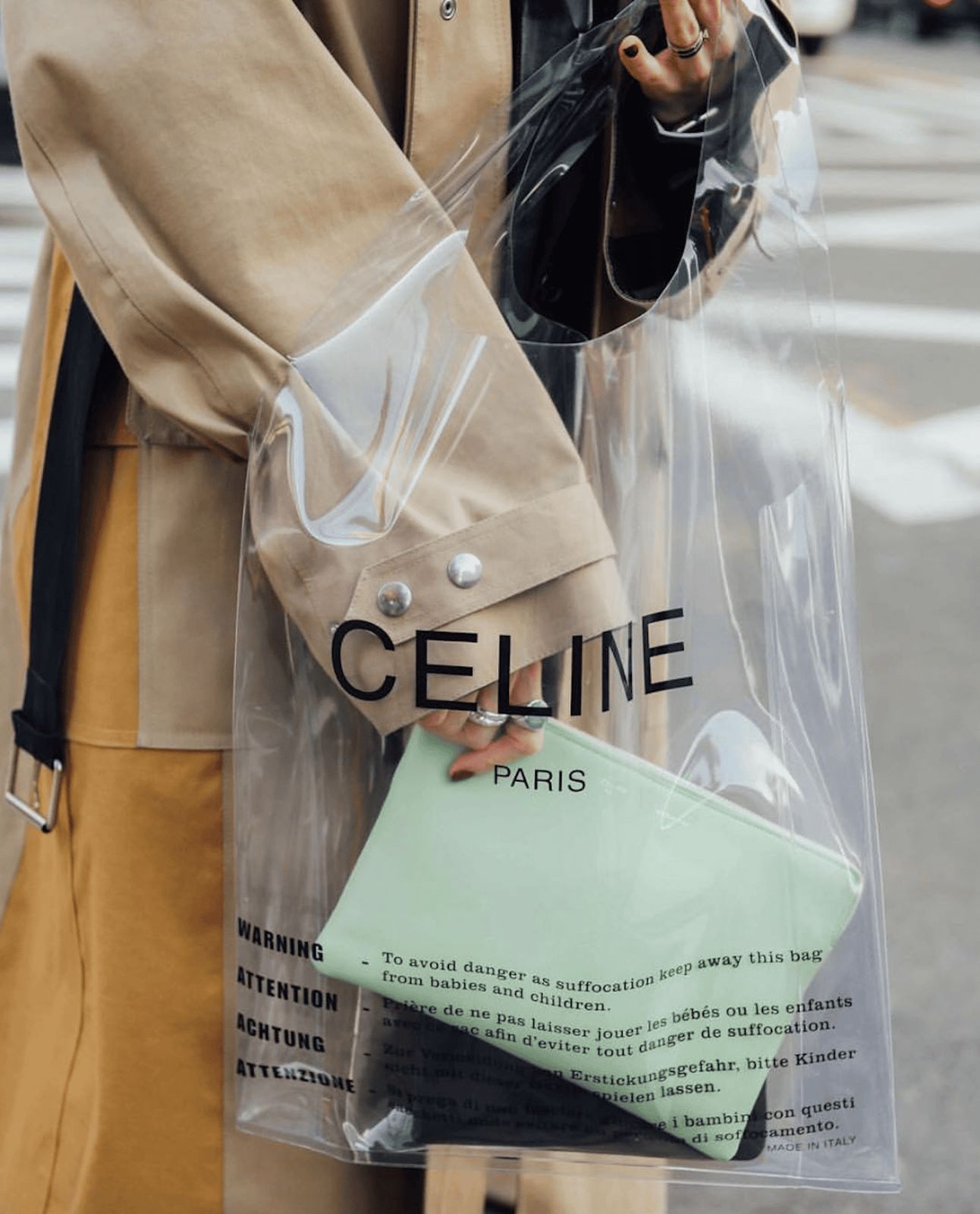 Trench Coat and Yellow Dress with a Large Clear Tote — Clear Bag Outfits 2027