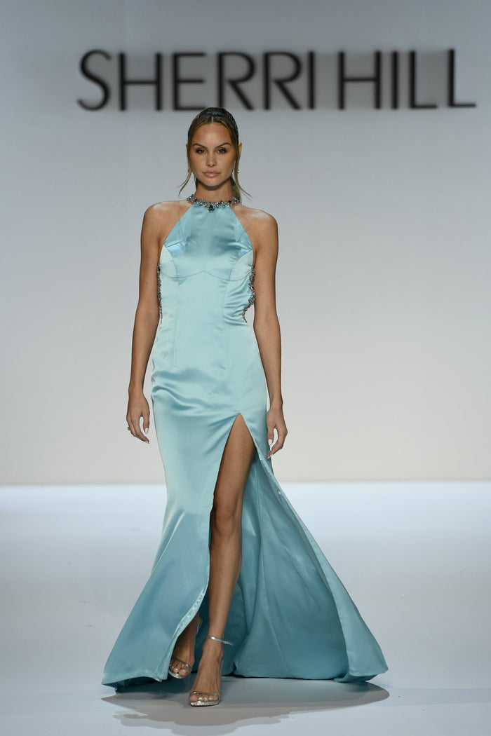 Light Blue Silk Halter Dress with High Slit and Embellished Neckline — Silk Dresses 2027