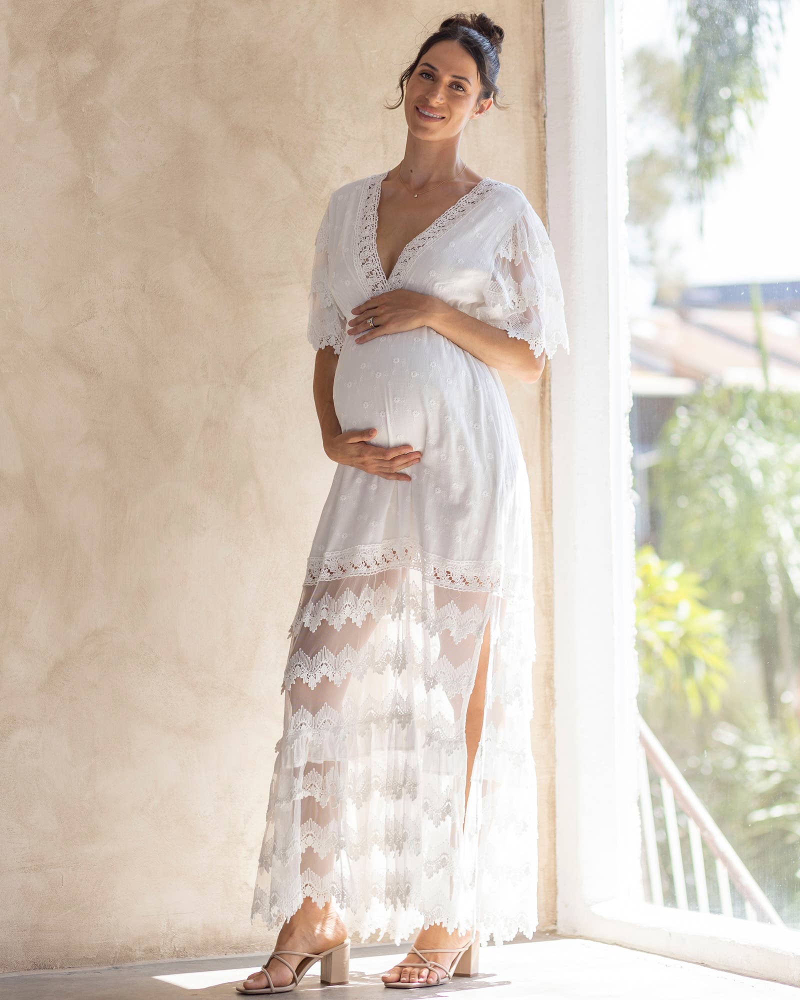 Bohemian White Lace Maxi Dress with Tiered Layers — Baby Shower Outfits 2027