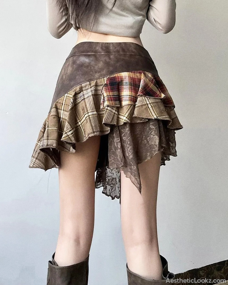 Mixed Media Mini: Faux Leather, Plaid, and Lace Skirt Mixed Media Mini: Faux Leather, Plaid, and Lace Skirt — Fairy Grunge Outfits 2027