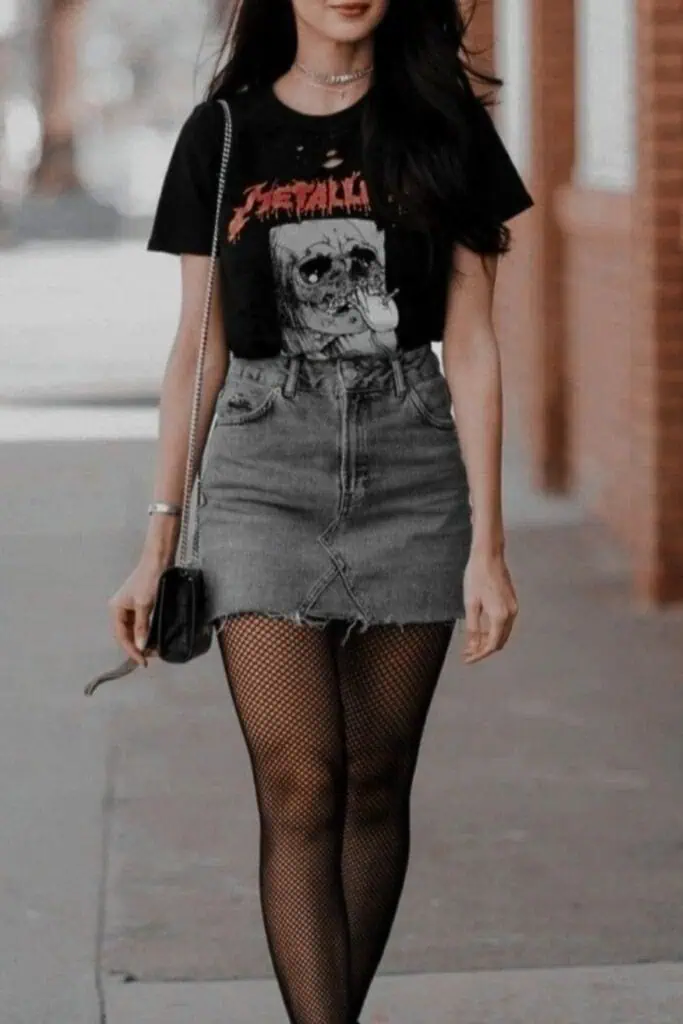 Edgy Graphic Tee and Denim Mini Skirt with Fishnets Edgy Graphic Tee and Denim Mini Skirt with Fishnets — Cute Outfits 2027