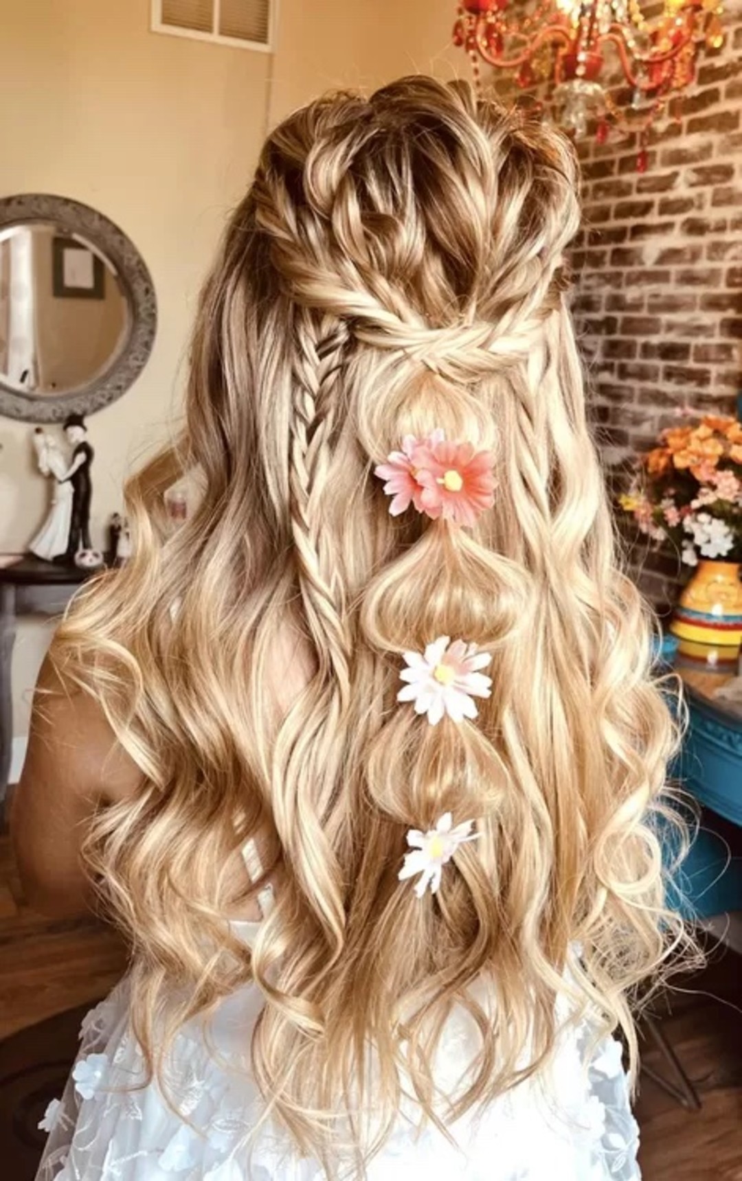 Long Blonde Braided Half-Up With Flowers — Beach Wedding Hair 2027