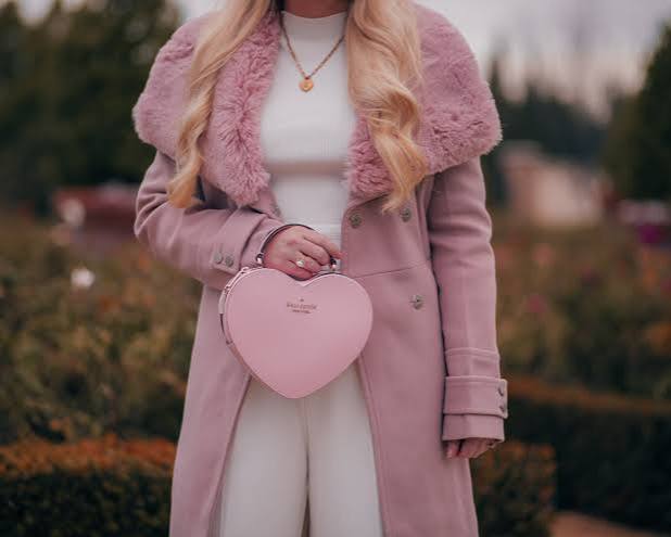 Pink Faux Fur Collar Coat with a Heart-Shaped Handbag — Pink Valentines Outfits 2027