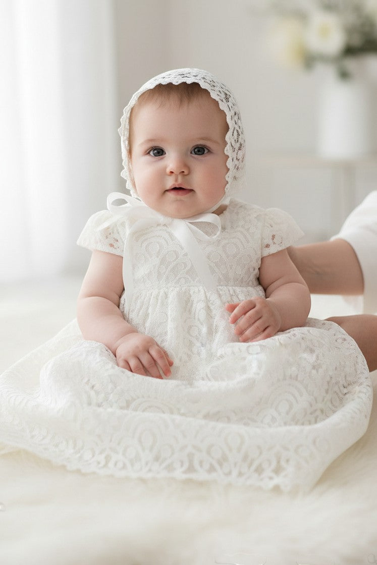 Detail Crop Classic White Lace Gown with Delicate Bonnet — Christening Outfits 2027