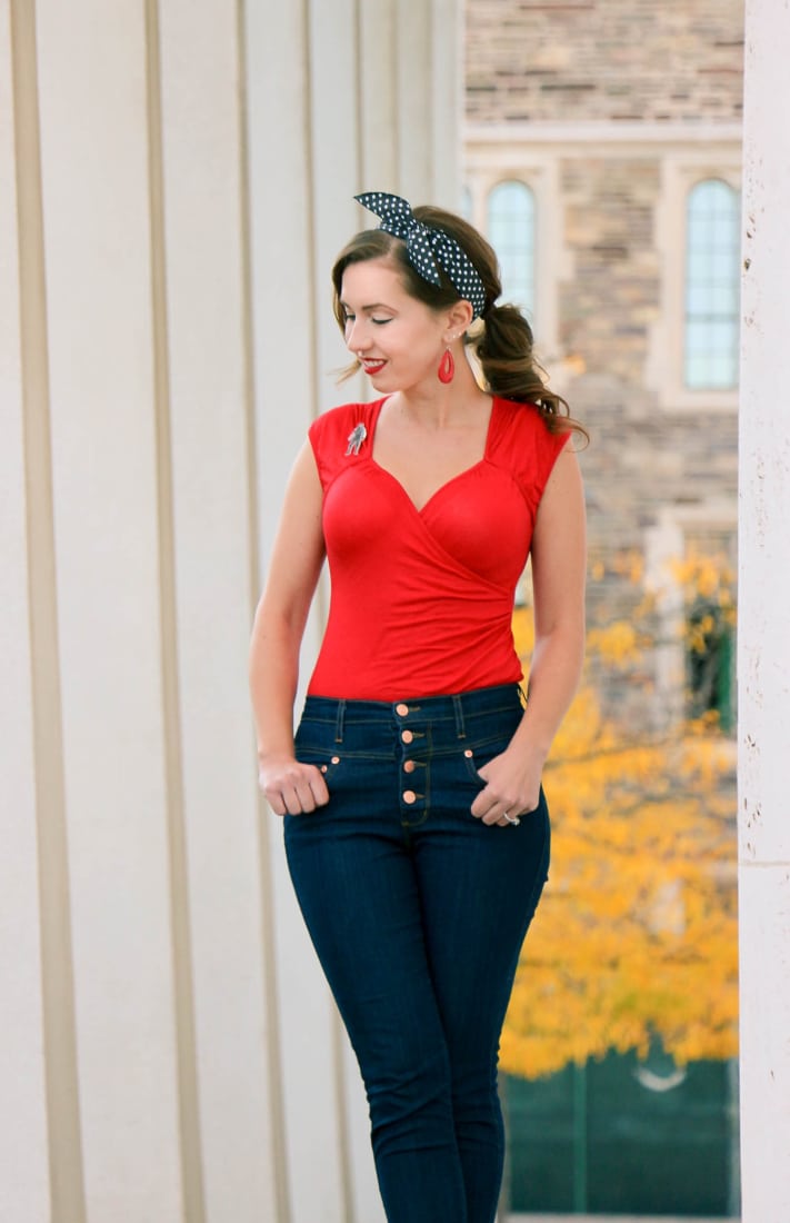 Red Wrap Top with High-Waisted Jeans and Polka Dot Bandana Red Wrap Top with High-Waisted Jeans and Polka Dot Bandana — Pin Up Outfits 2027