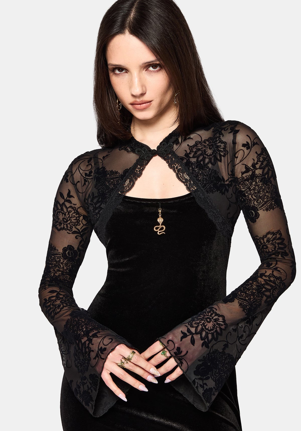 Black Velvet Dress Layered with a Lace Bolero Black Velvet Dress Layered with a Lace Bolero — Dark Romantic Outfits 2027