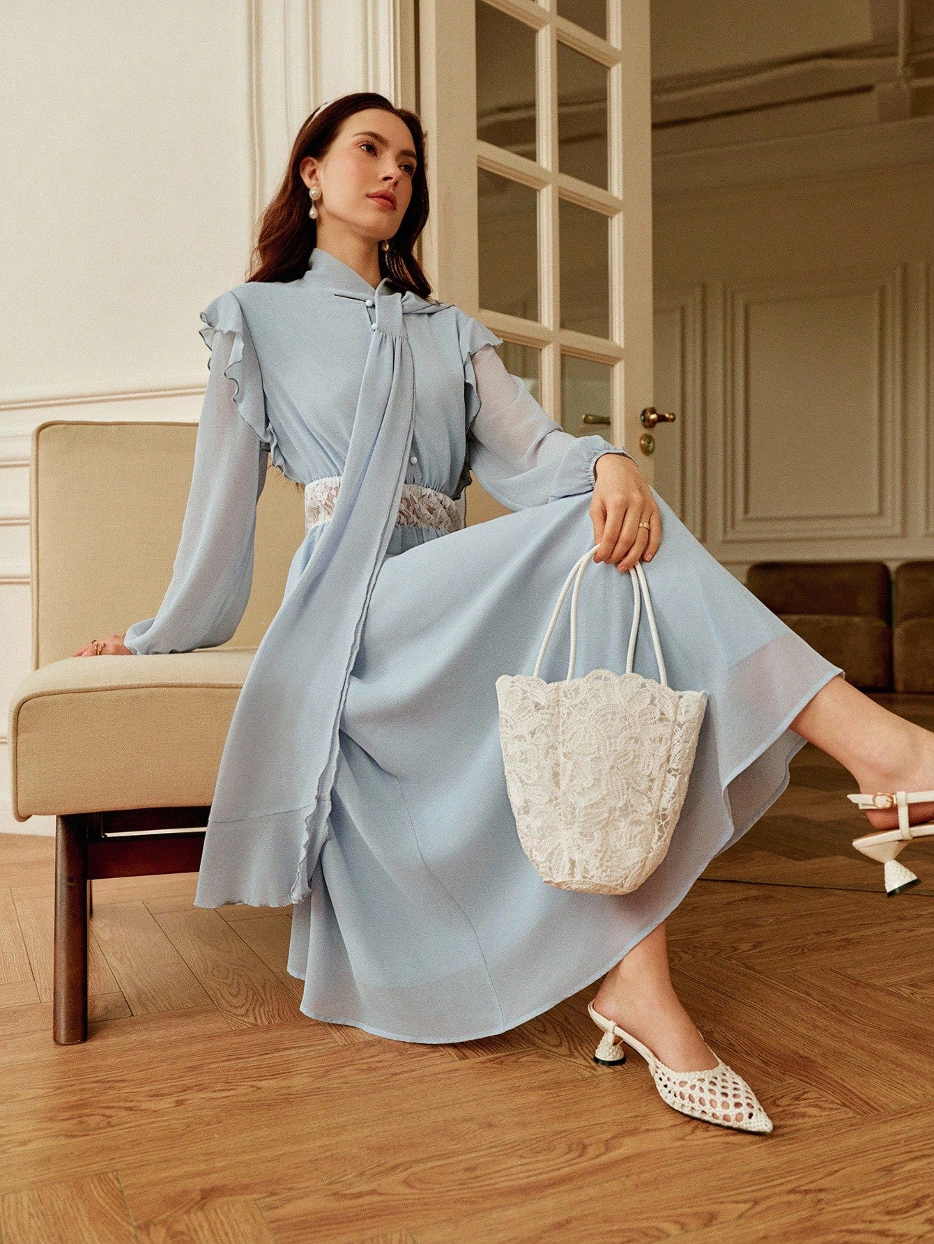 Light Blue Ruffle Chiffon Dress with Lace Belt and White Accessories Light Blue Ruffle Chiffon Dress with Lace Belt and White Accessories — Chiffon Dress Outfits 2027