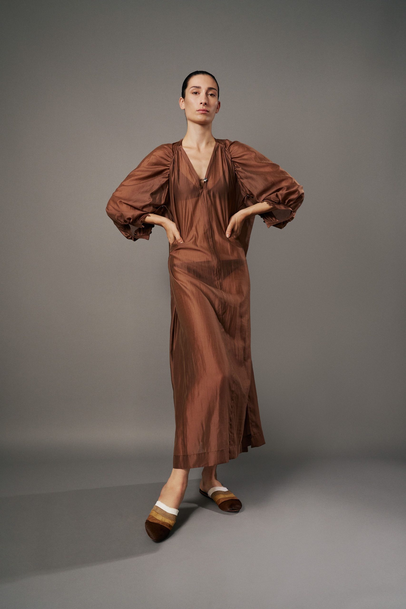 Bronze Silk and Organza Dress with Long Puff Sleeves Bronze Silk and Organza Dress with Long Puff Sleeves — Puff Sleeve Dresses 2027