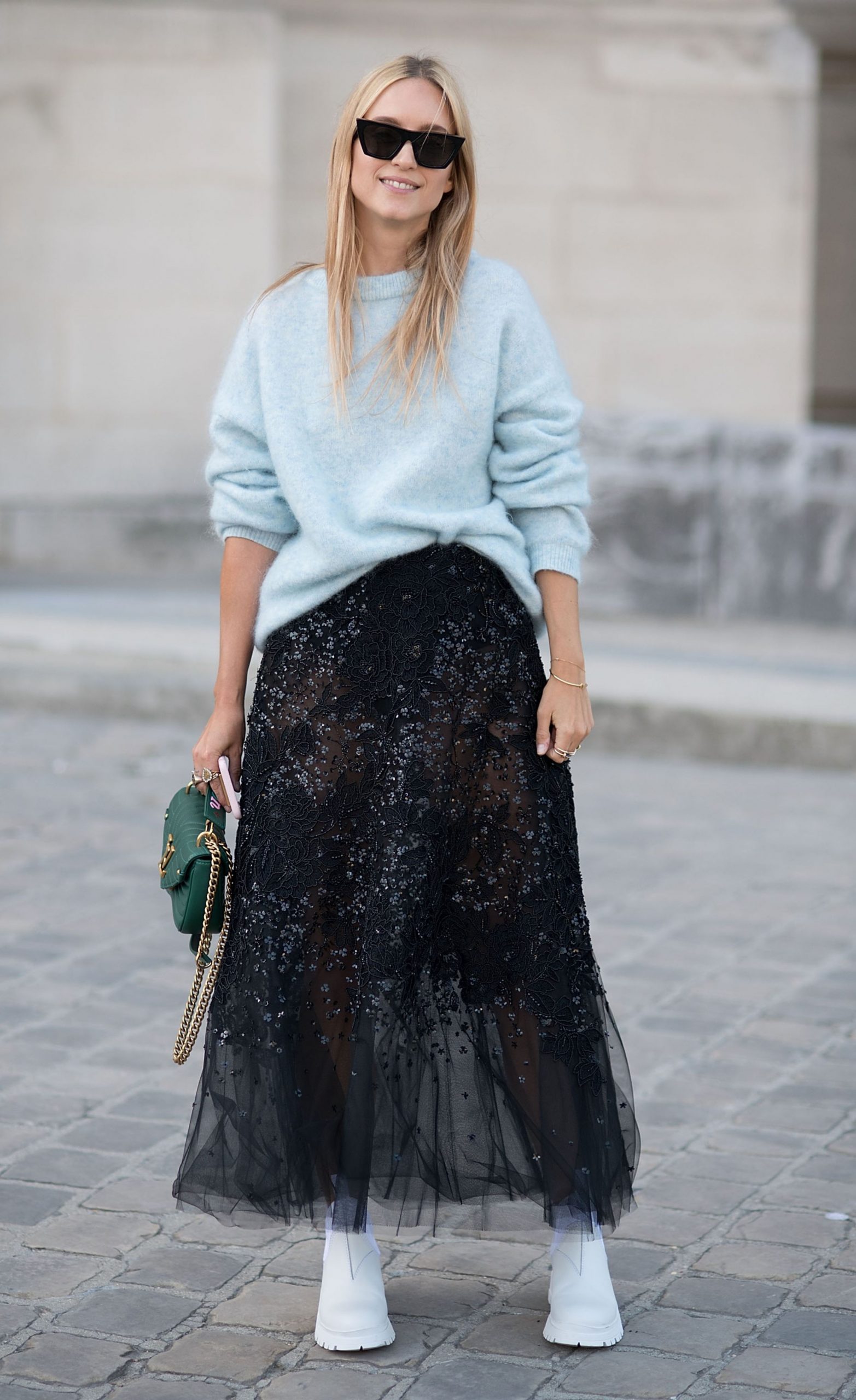 Sequined Tulle Midi Skirt with Fluffy Sweater — Tiered Skirt Outfits 2027