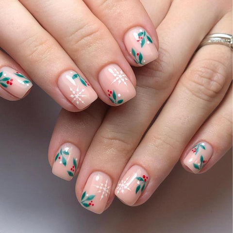Sheer Nude with Painted Holly and Snowflakes — Short Christmas Nails 2026