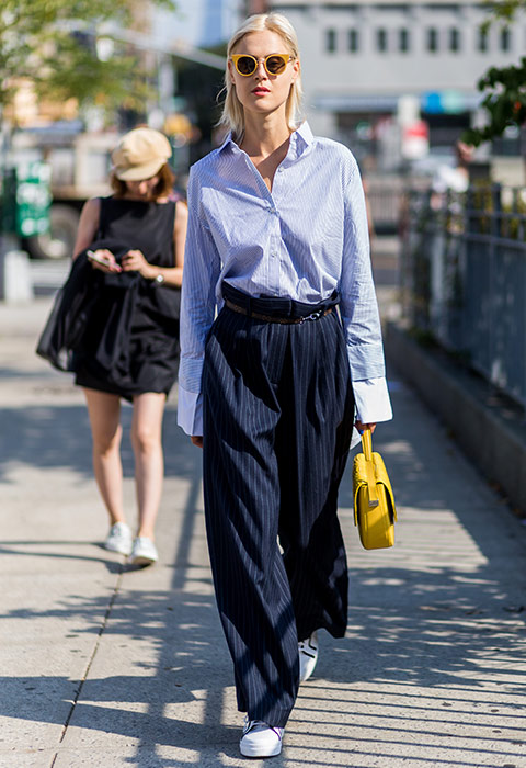Light Blue Striped Shirt with Navy Pinstripe Wide-Leg Trousers — Oversized Shirt Outfits 2027