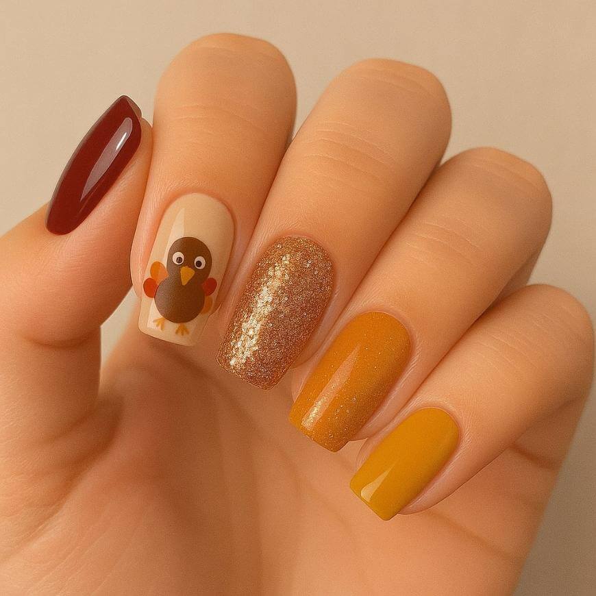 Short Turkey with Gold Glitter — Simple Thanksgiving Nails 2026