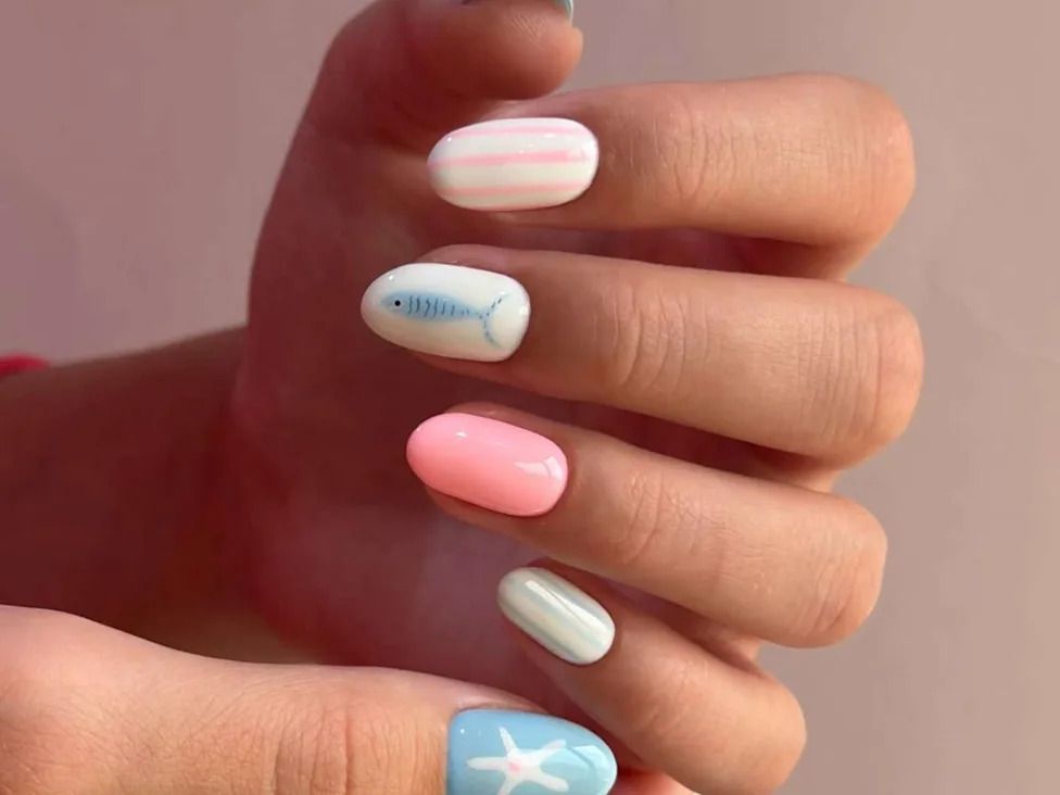 Pastel Stripes Fish Starfish Short Nails — Coastal Nails 2027