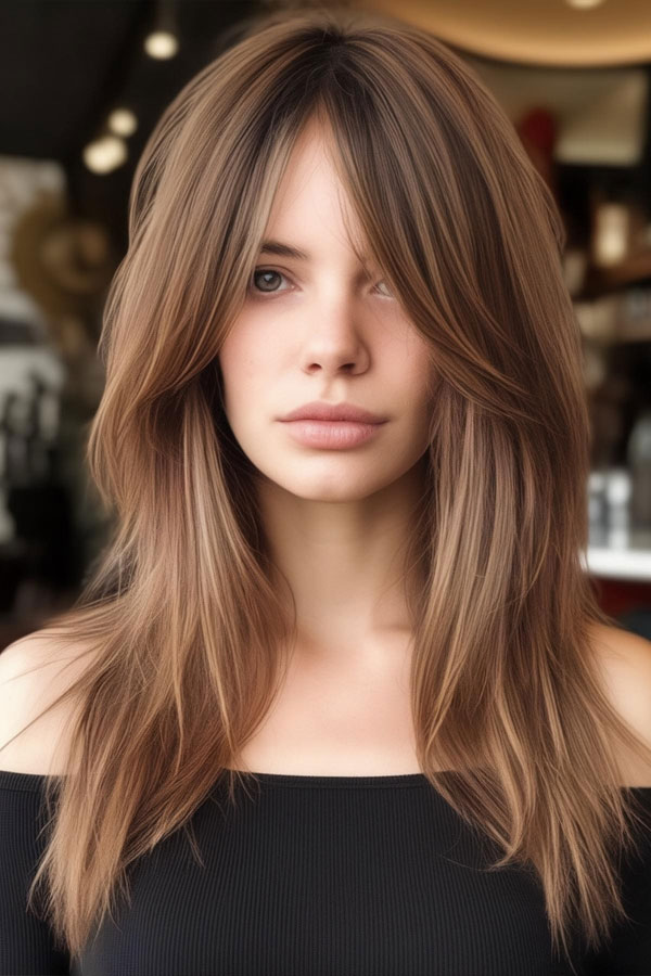 Brunette Shag With Curtain Bangs Brunette Shag With Curtain Bangs — Bardot Bangs 2027