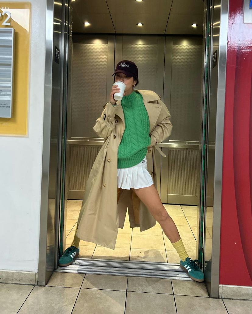 Cozy Layers: Green Adidas Samba with Cable Knit and Trench Coat Cozy Layers: Green Adidas Samba with Cable Knit and Trench Coat — Adidas Samba Outfits 2027