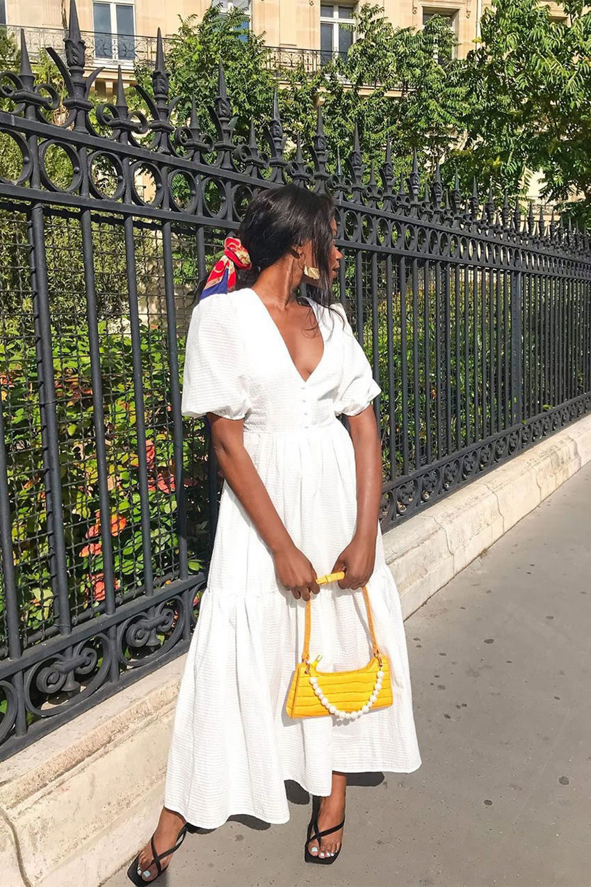 Summer Daywear: White Puff Sleeve Dress with Yellow Handbag Summer Daywear: White Puff Sleeve Dress with Yellow Handbag — Puff Sleeve Dress Outfits 2027