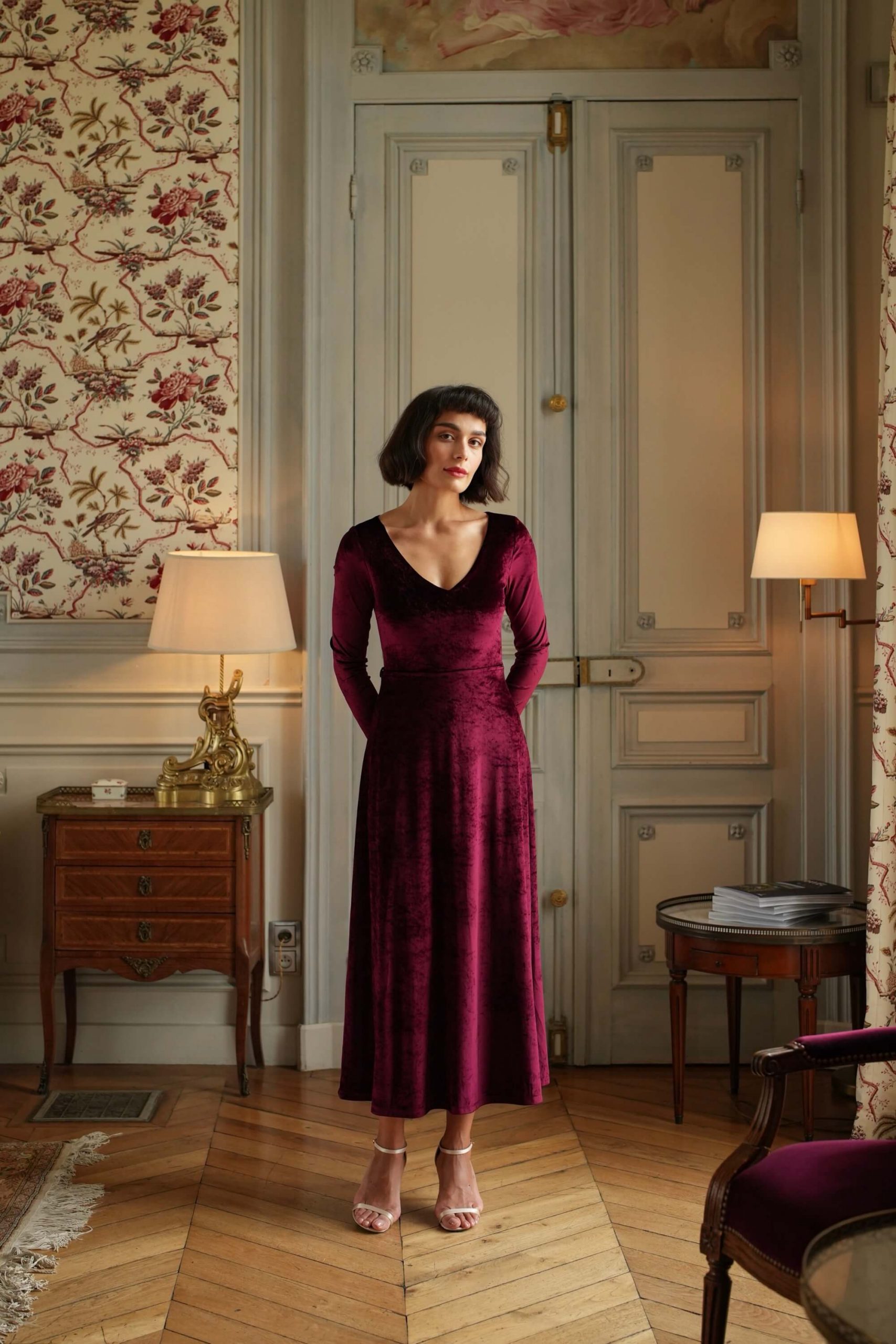 Deep Red Velvet Dress With Strappy Heels Deep Red Velvet Dress With Strappy Heels — Winter Dinner Outfits 2027