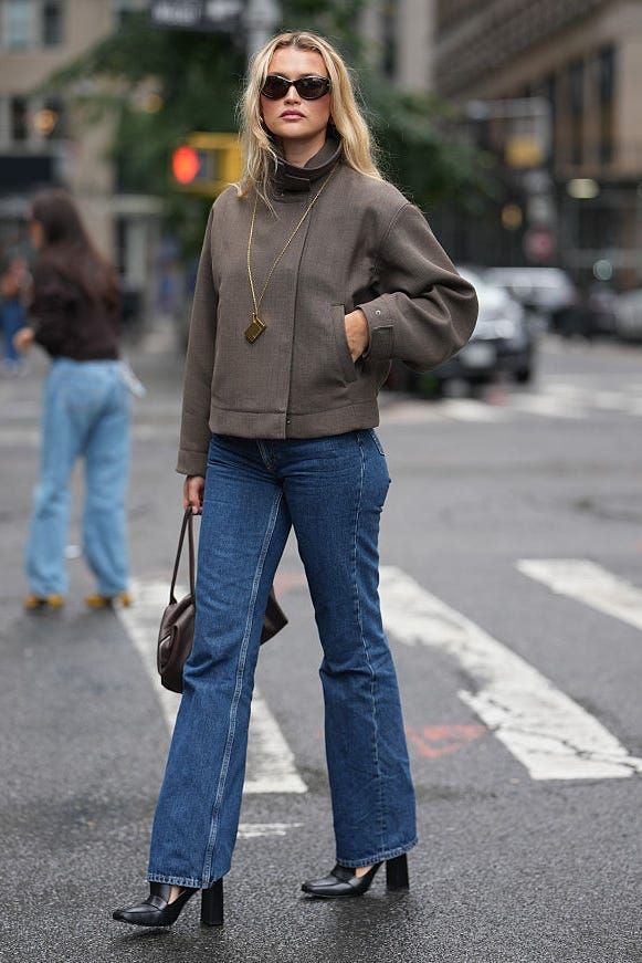 Textured Brown Jacket with Grey Turtleneck and Blue Bootcut Jeans Textured Brown Jacket with Grey Turtleneck and Blue Bootcut Jeans — Blue Bootcut Jeans Outfits 2027