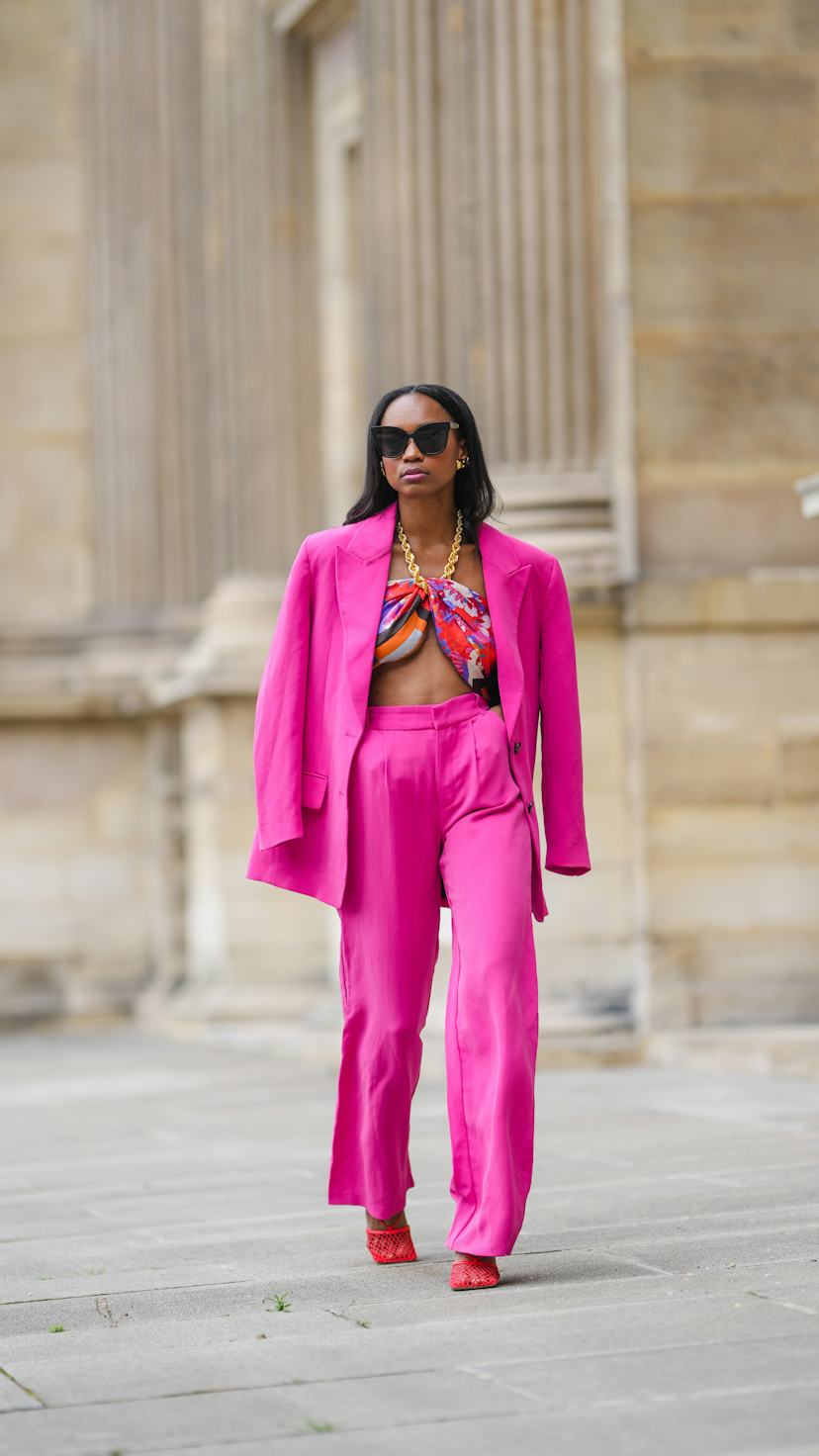Oversized Hot Pink Blazer with Patterned Bandeau for a Statement — Pink Outfits 2027