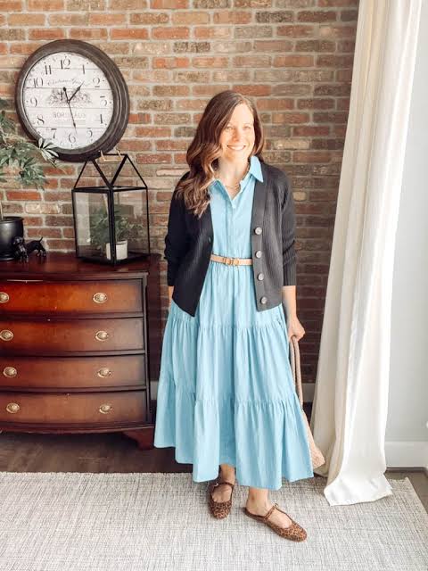 Light Blue Tiered Midi Shirt Dress with Cardigan Light Blue Tiered Midi Shirt Dress with Cardigan — Casual Dresses 2027