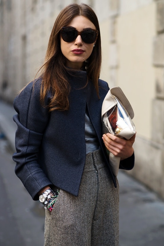 Structured Blue Cropped Jacket with Tweed Trousers Structured Blue Cropped Jacket with Tweed Trousers — Winter Office Outfits 2027