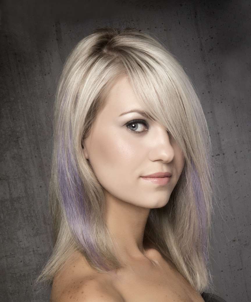 Platinum Blonde Bob with Purple Peekaboo Platinum Blonde Bob with Purple Peekaboo — Blonde 2027 with Purple Hair