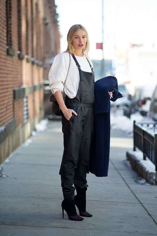 Black Leather Tapered-Leg Overalls with a White Top and Mesh Boots Black Leather Tapered-Leg Overalls with a White Top and Mesh Boots — Overalls 2027