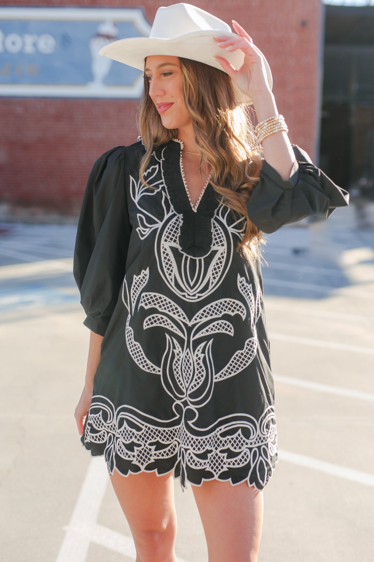 Black Mini Dress with White Embroidery and Puff Sleeves Black Mini Dress with White Embroidery and Puff Sleeves — Cowgirl Dress 2027