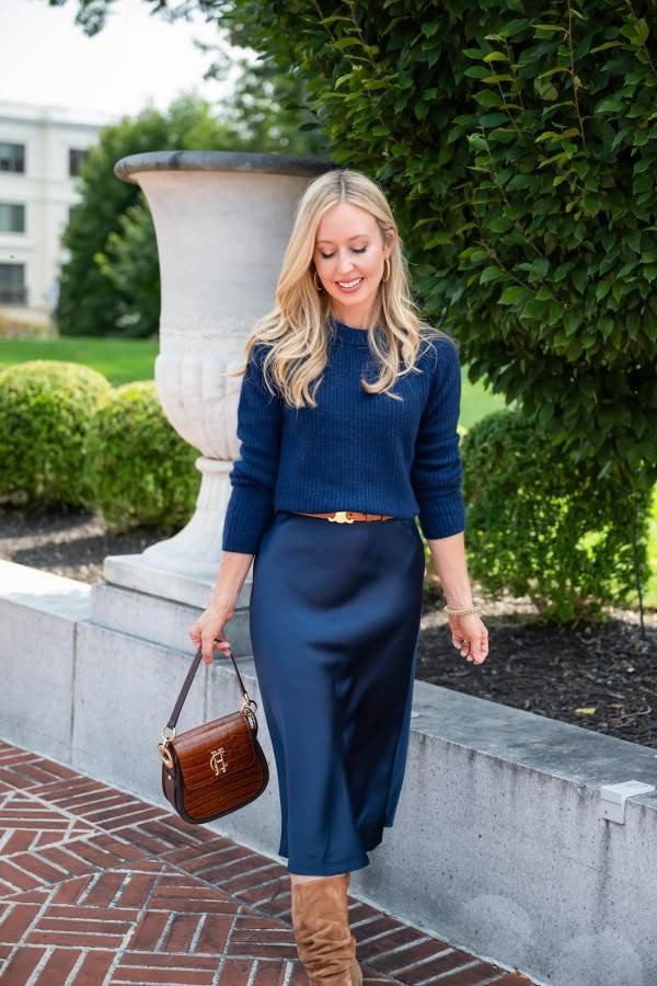 Satin Slip Skirt with Knit Sweater, Belt, and Brown Boots Satin Slip Skirt with Knit Sweater, Belt, and Brown Boots — Navy Blue Midi Skirt Outfits 2027