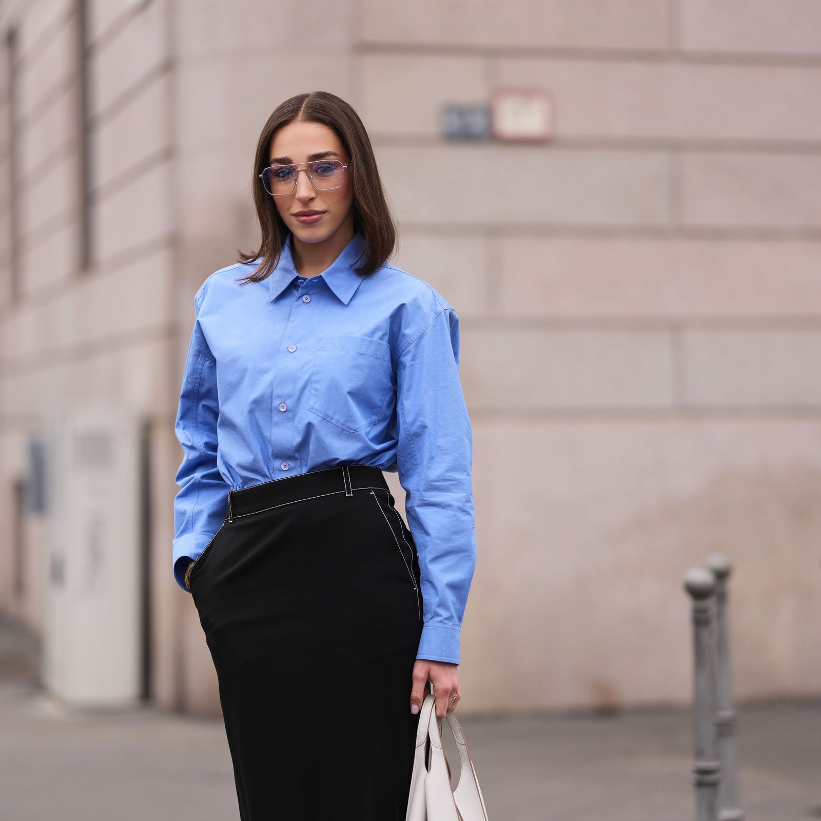 Oversized Blue Shirt with Black Pencil Skirt for Office Versatility Oversized Blue Shirt with Black Pencil Skirt for Office Versatility — Tech Office Outfits 2027