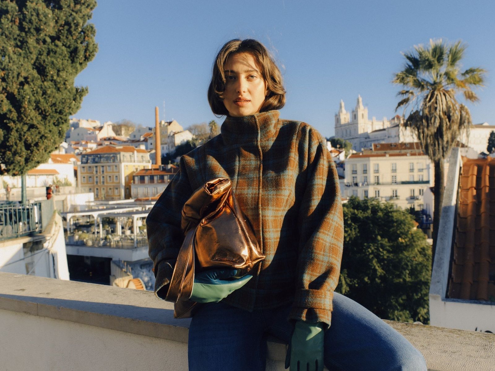 Statement Plaid Jacket with Metallic Bag and Green Gloves — Layered Winter Outfits 2027