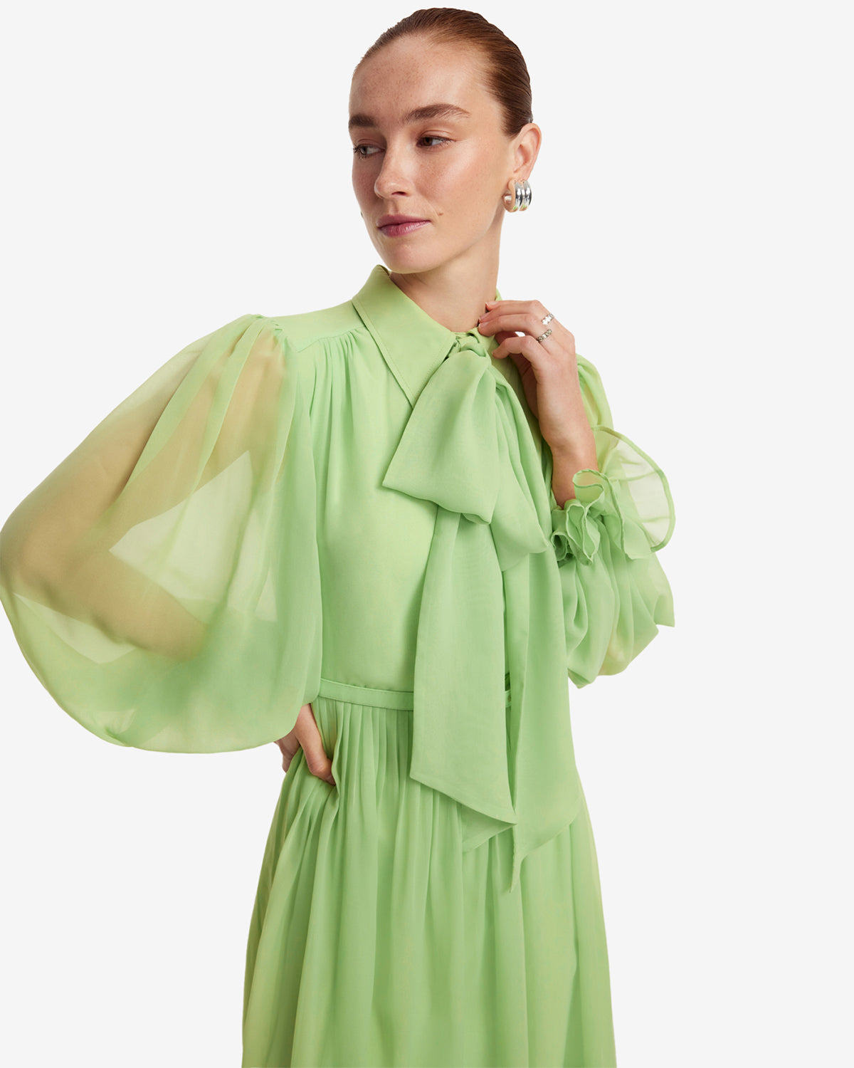Chiffon Charm: Green Midi Dress with Oversized Bow Detail Chiffon Charm: Green Midi Dress with Oversized Bow Detail — Midi Dresses 2027