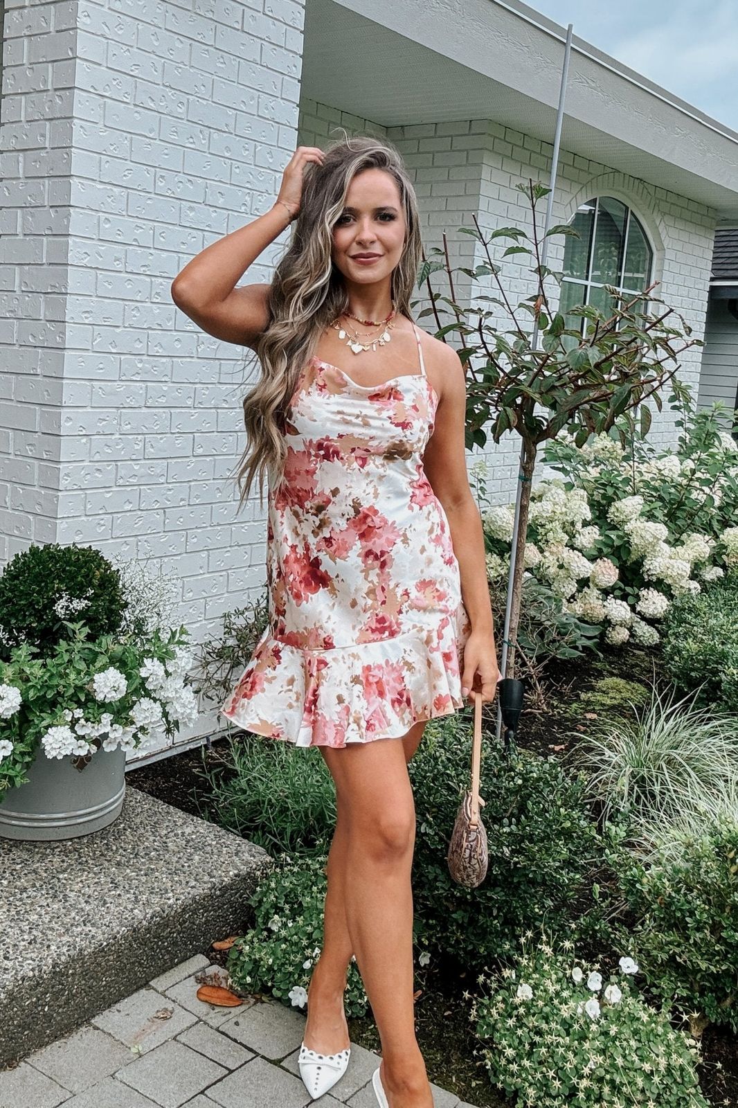 Pink and White Floral Satin Mini Dress with Ruffled Hem Pink and White Floral Satin Mini Dress with Ruffled Hem — Bridal Shower Dress 2027 for Guest