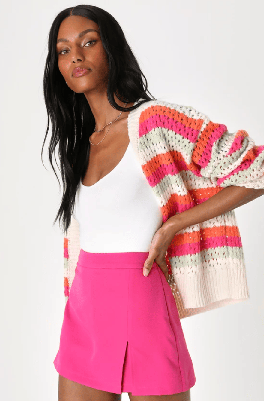 Cozy Striped Cardigan Paired with a Pink Skort Cozy Striped Cardigan Paired with a Pink Skort — Sorority Outfits 2027