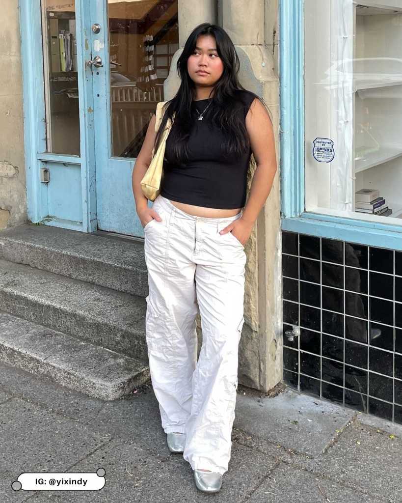 Off-White Cargo Pants with a Crop Top and Silver Flats Off-White Cargo Pants with a Crop Top and Silver Flats — Cargo Pants Outfits 2027