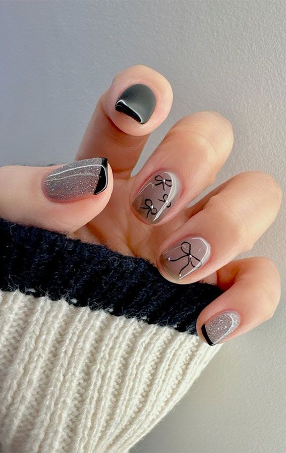 Matte Taupe Grey Black Bow Oval Nails — Black Bow Nails 2027