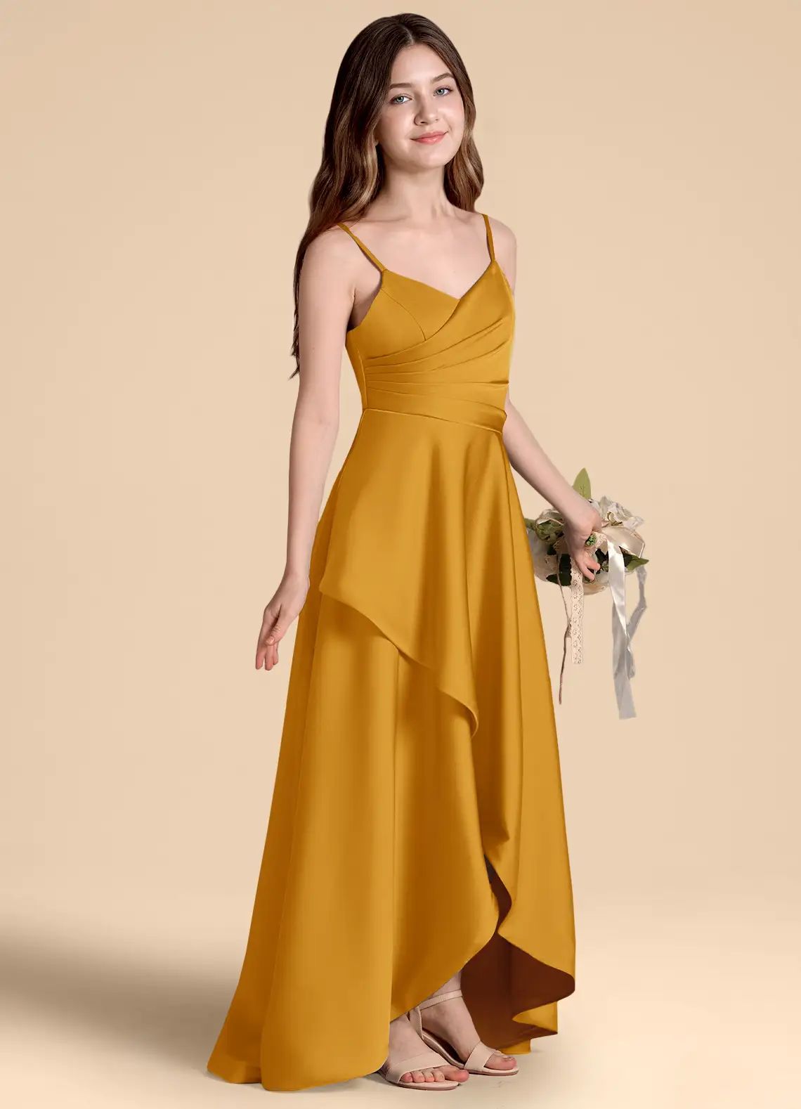 Soft Gold Satin Spaghetti Strap with Hi-Low Hemline Soft Gold Satin Spaghetti Strap with Hi-Low Hemline — Junior Bridesmaid Dress 2027